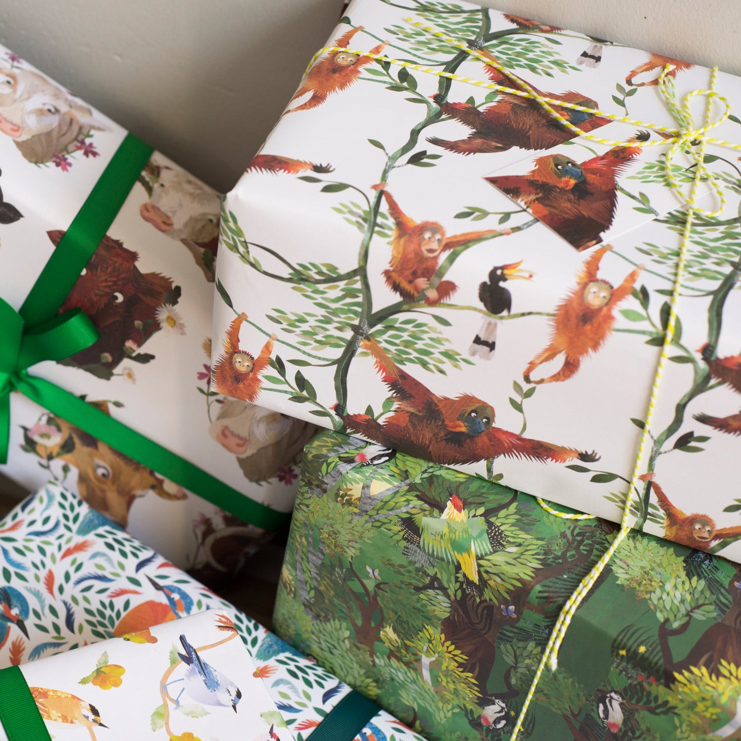 A selection of illustrated recycled wrapping paper