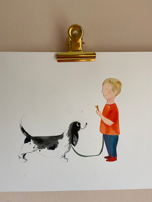 Art Sale - Boy and Bassett - Original Mixed Media Illustration
