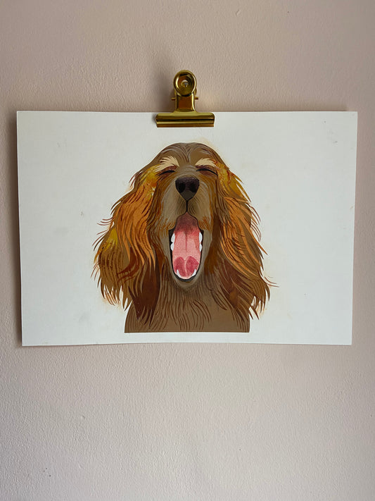 Art Sale - Yawning Spaniel - Original Mixed Media Illustration