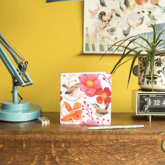 Wrens and Poppies Greetings Card