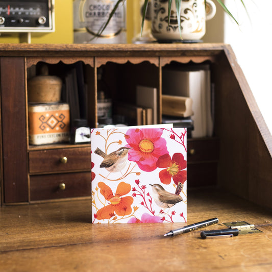 Wrens and Poppies Greetings Card