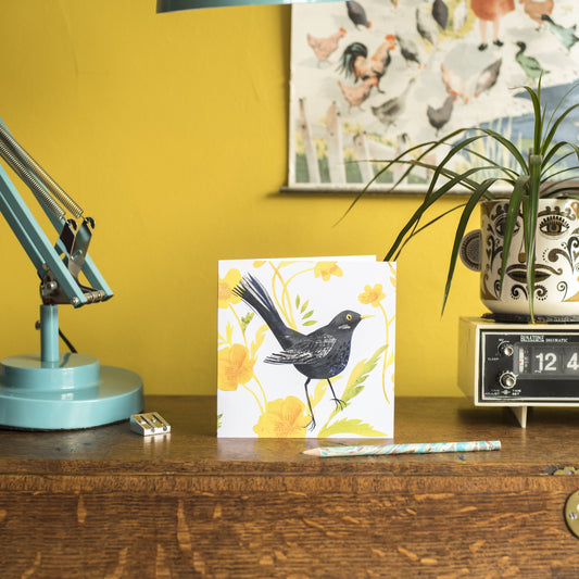 Blackbird and Buttercups Greetings Card